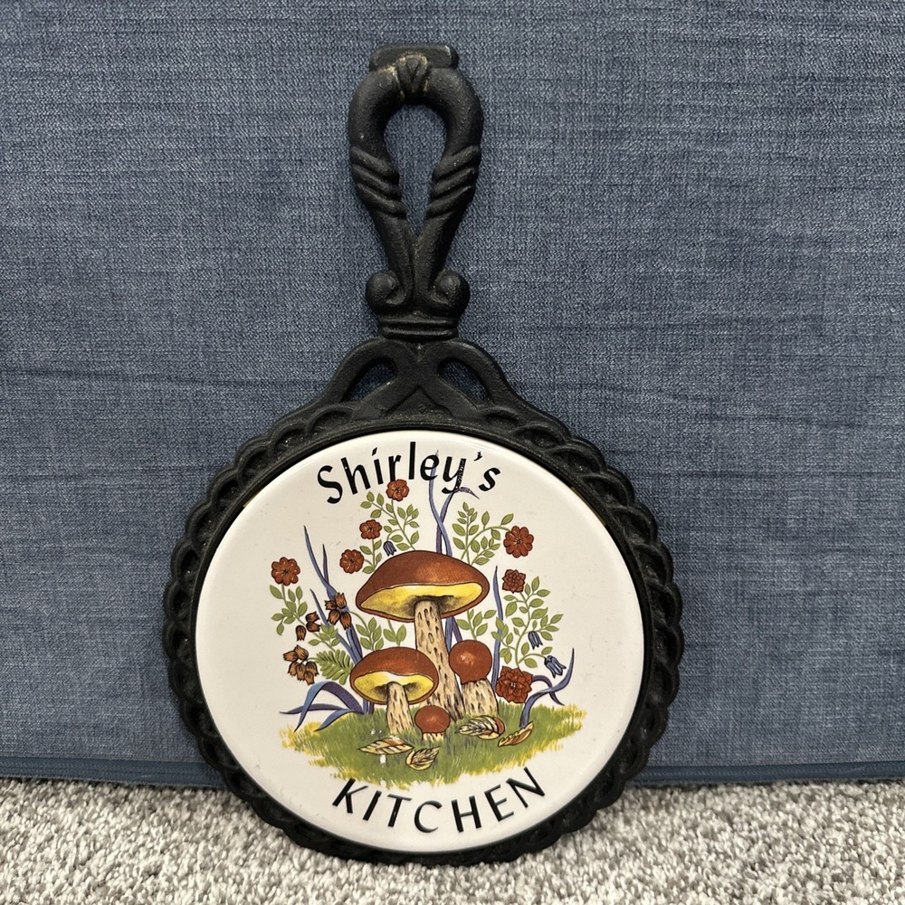 MCM VTG Trivet "Shirley's‎ Kitchen" Ceramic Tile Cast Iron Brown Mushroom